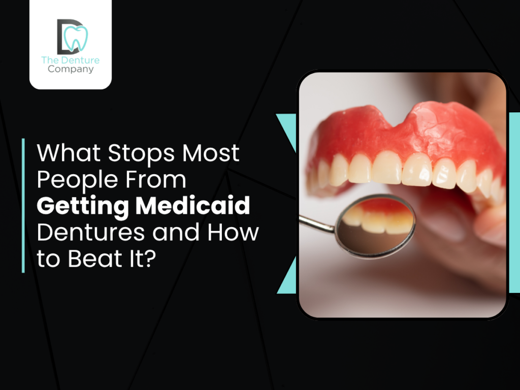 Hero banner for a denture article: bold white text on black background about Medicaid dentures, with a denture image and magnifying glass on the right; logo on the left.